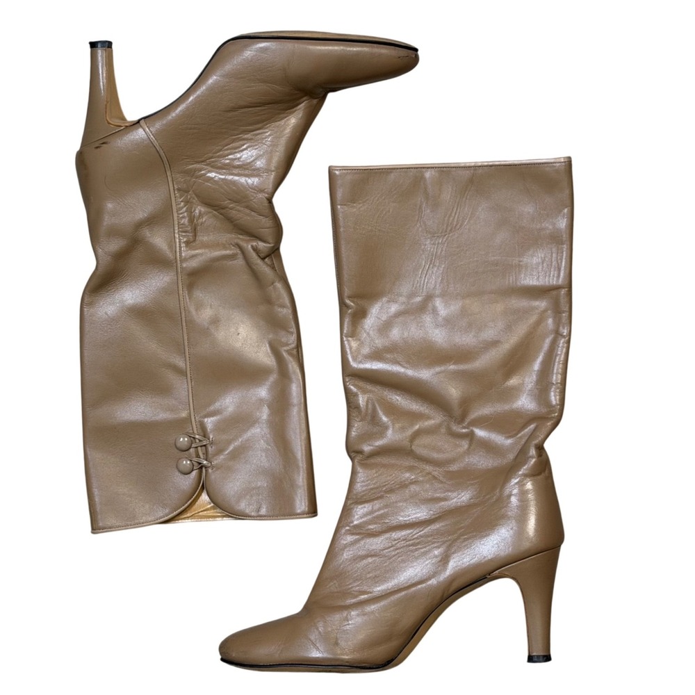 Vintage‎ Tan Leather Knee High Boots Pointed Toe Stiletto Heel Button Detail
